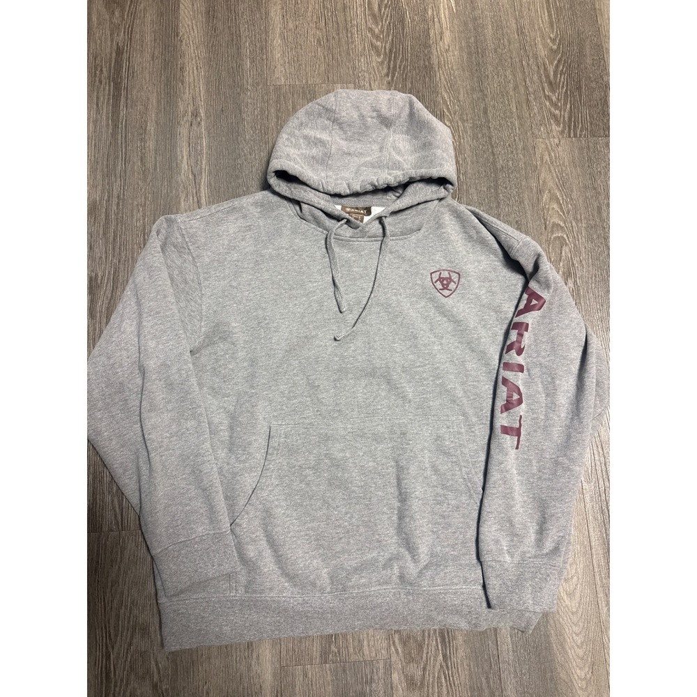 Ariat Mens Rebar Logo Hoodie Gray Burgundy XL Long Sleeve Pullover Sweatshirt
